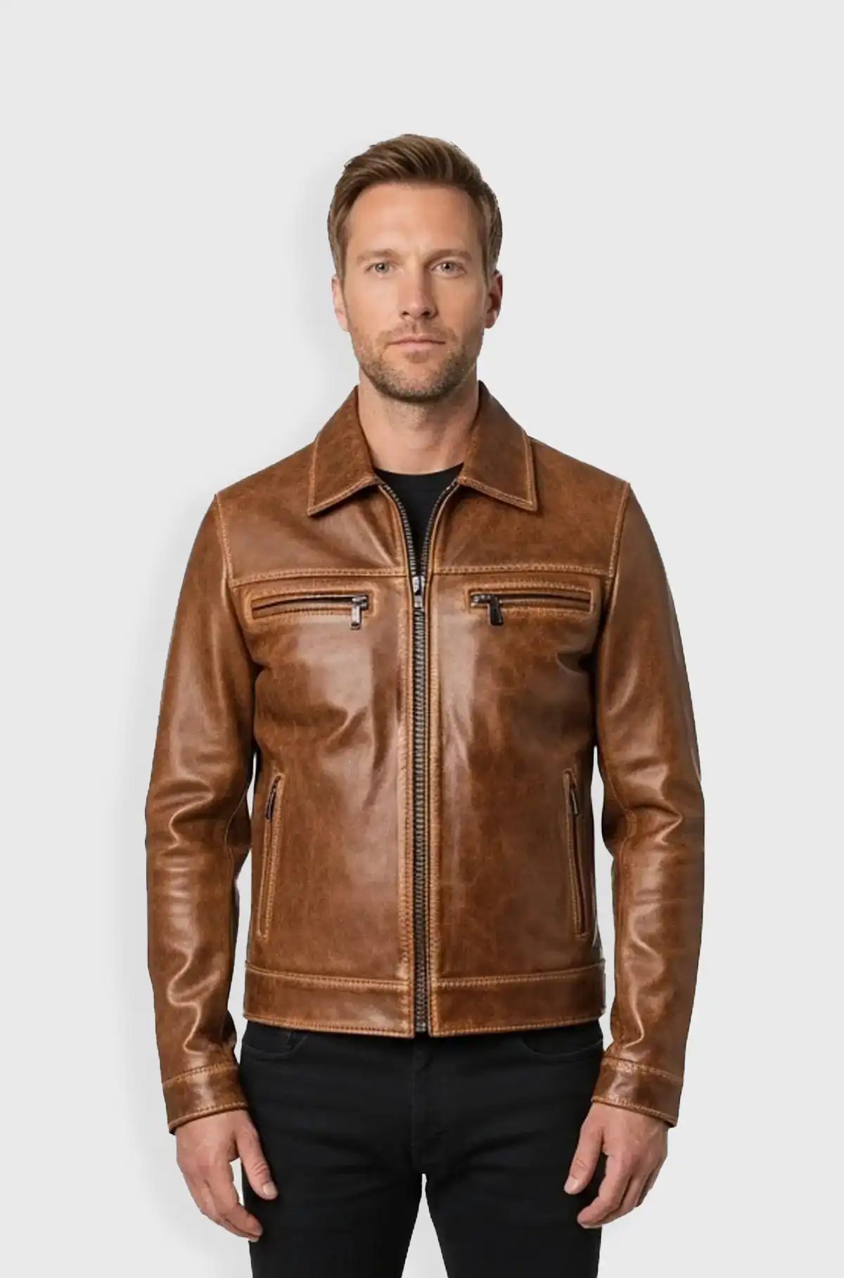 Mens Tan Leather Jacket Classic Zip Up Style