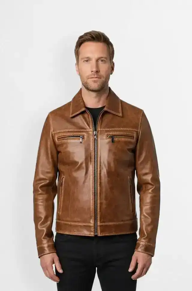 Mens Tan Leather Jacket Classic Zip-Up Style