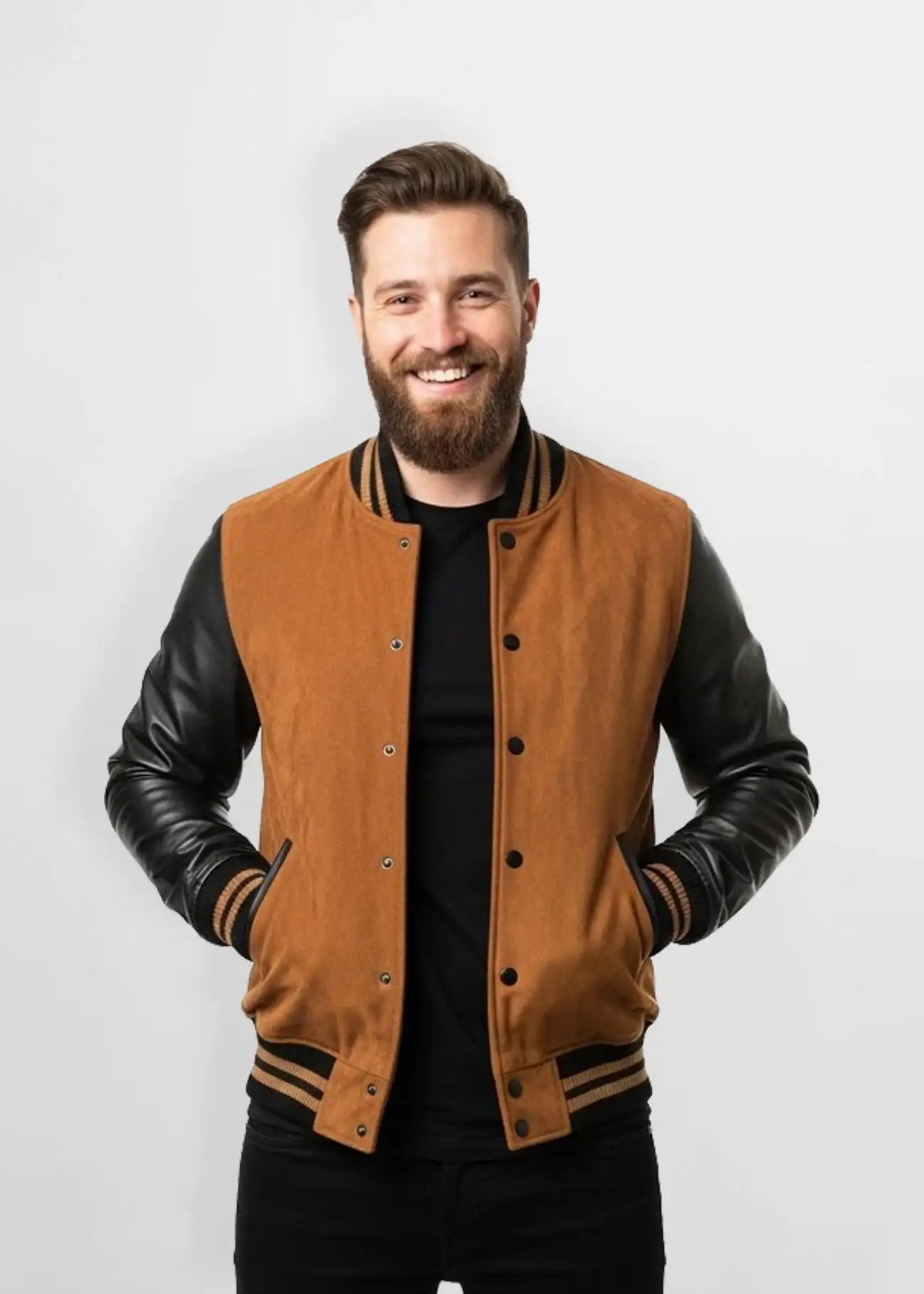 Mens Tan Suede Leather Varsity Jacket