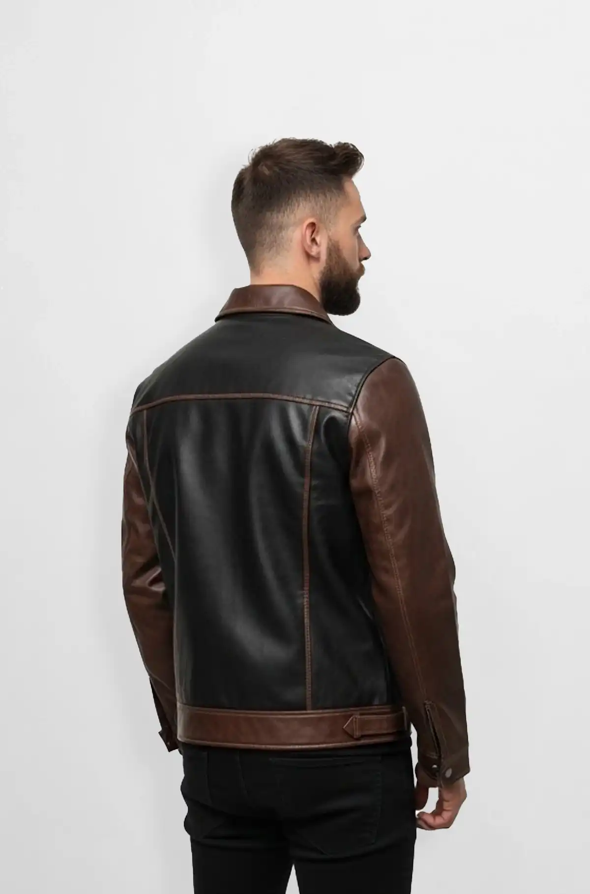 Mens Two Tone Brown and Black Leather Trucker Jacket