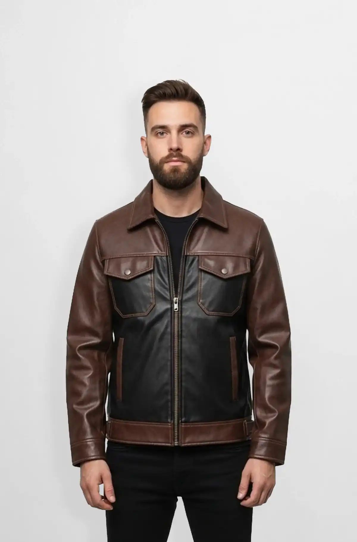 Mens Two Tone Brown and Black Leather Trucker Jacket