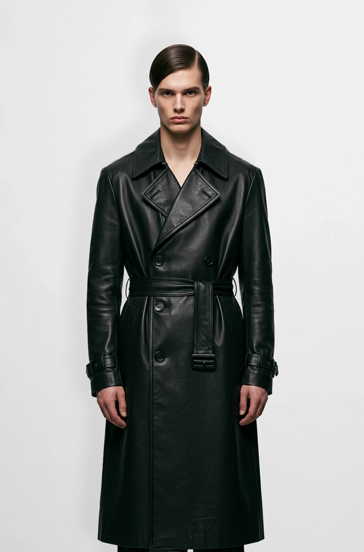 Men's black leather trench coat