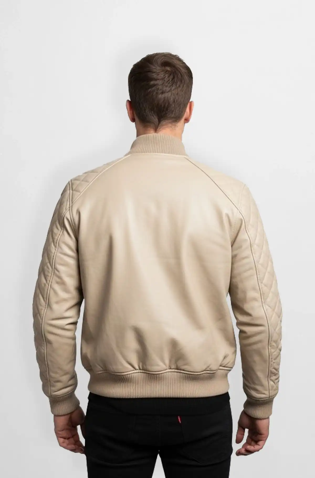 Mens Beige Quilted Leather Bomber Jacket 