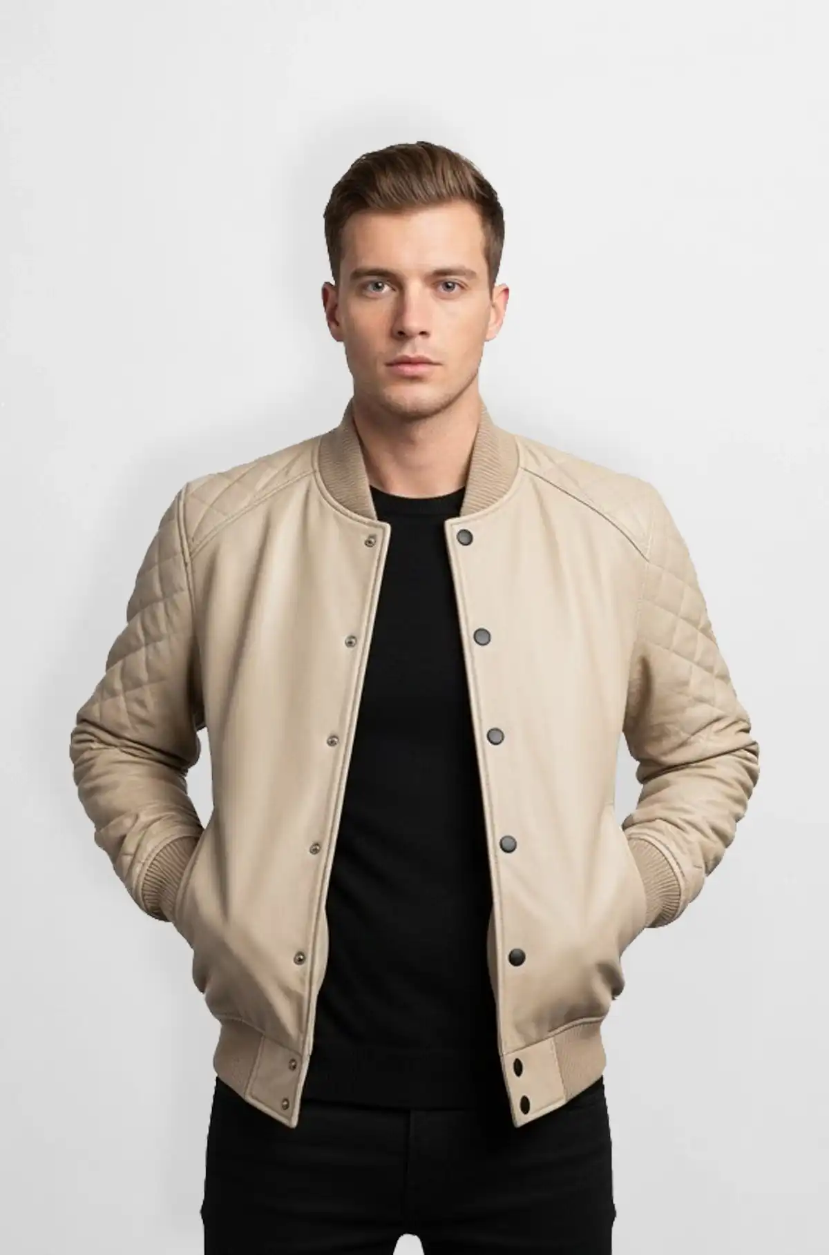 Mens Beige Quilted Leather Bomber Jacket 
