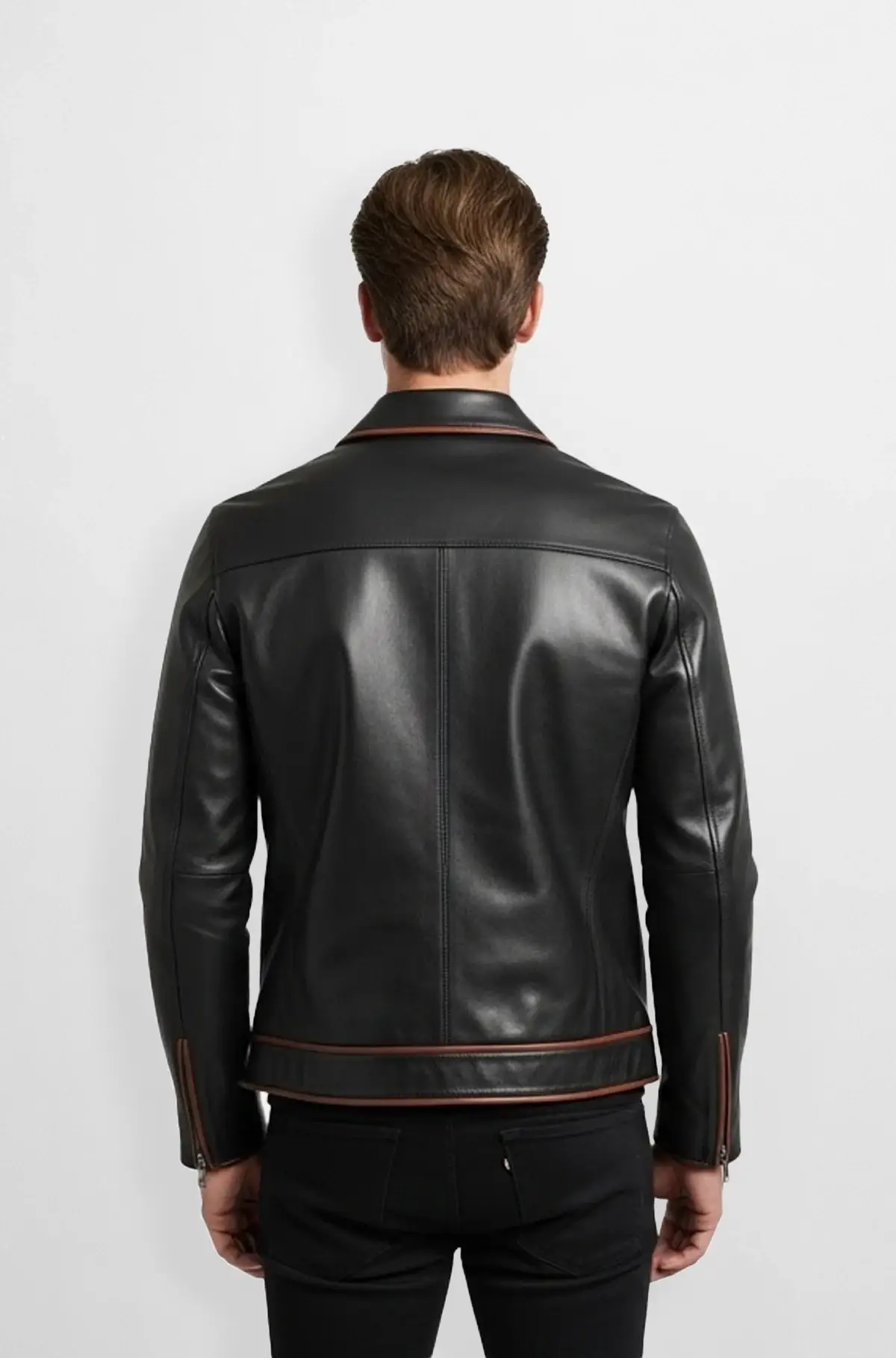 Mens Black Leather Jacket with Brown Trim
