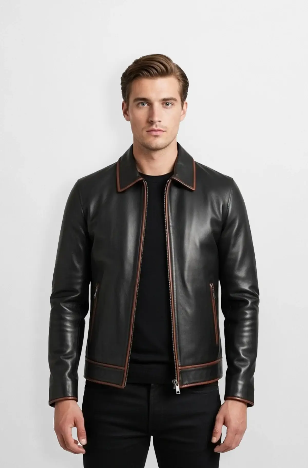Mens Black Leather Jacket with Brown Trim