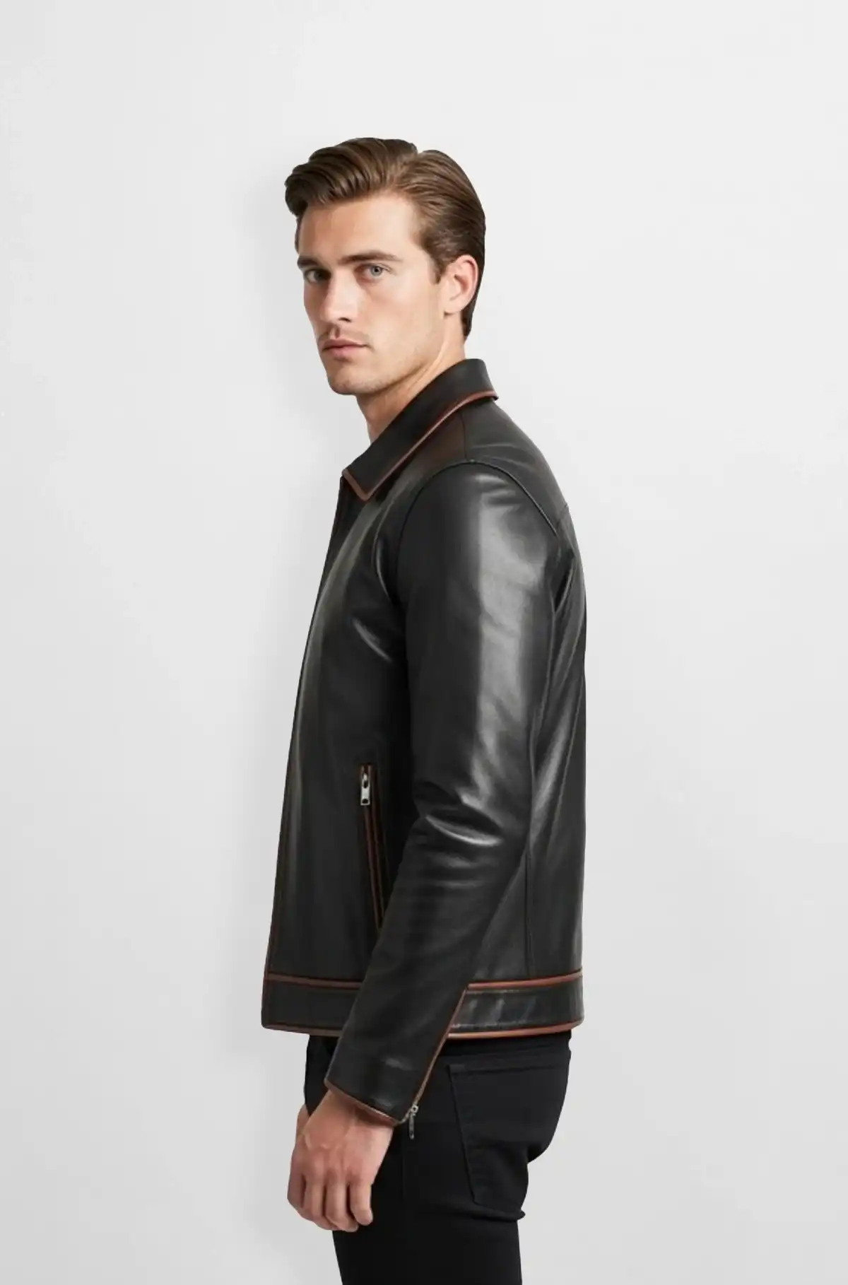 Mens Black Leather Jacket with Brown Trim