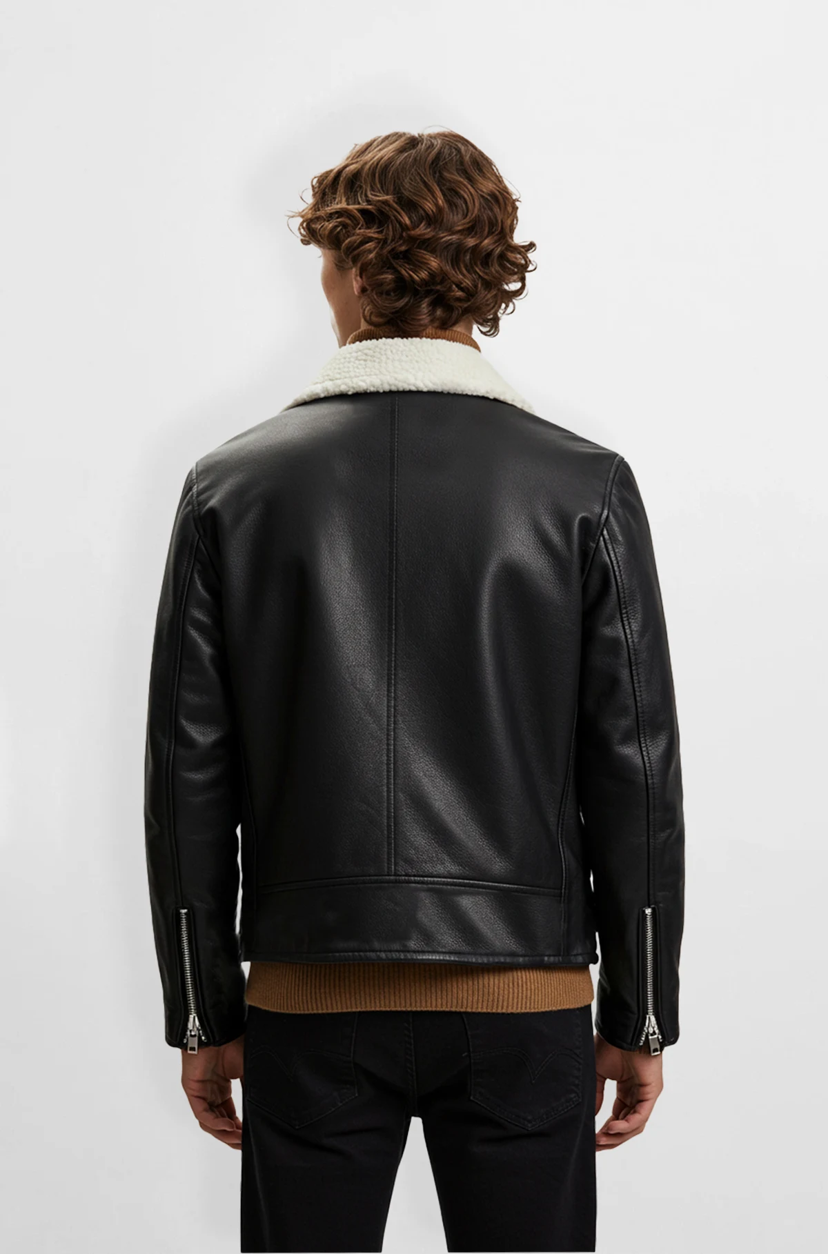 Mens Black Shearling Collar Leather Jacket