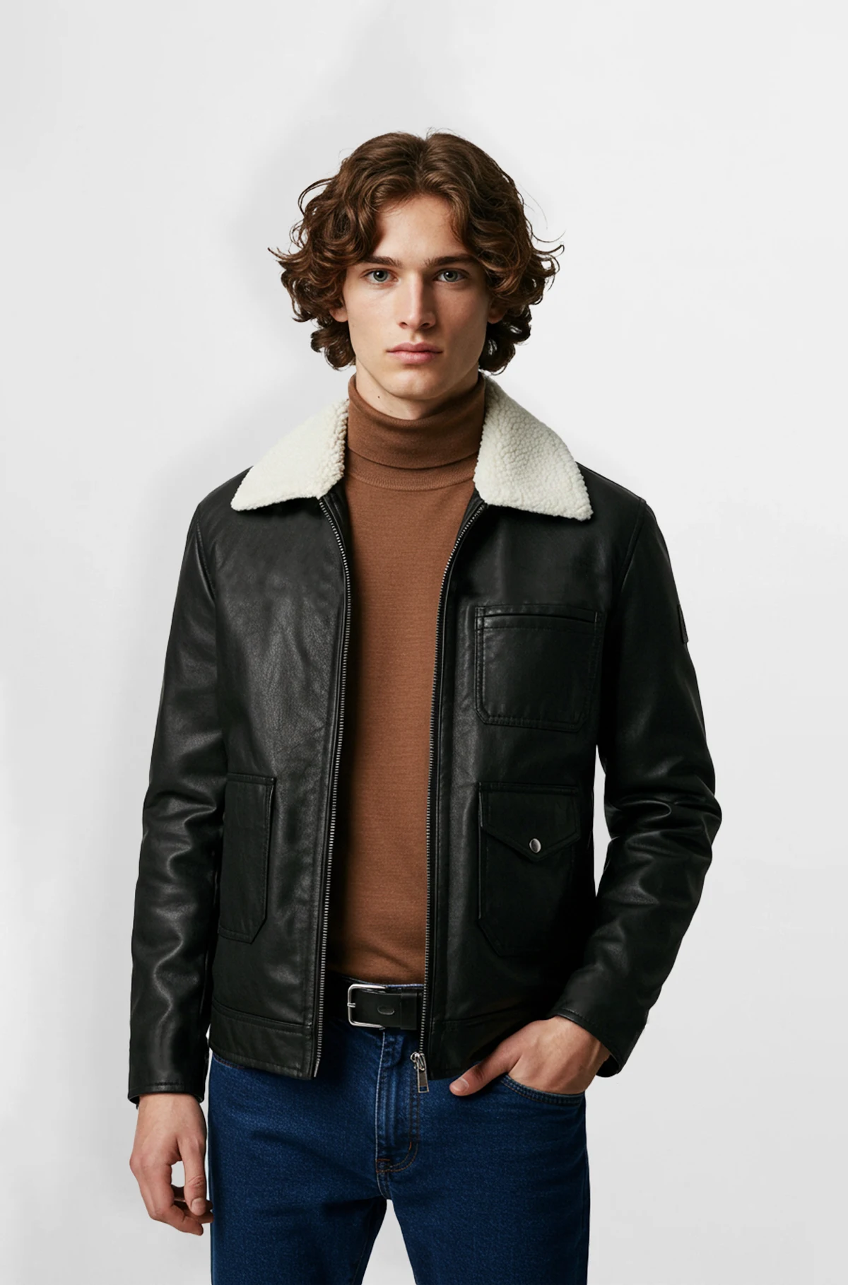 Mens Black Shearling Collar Leather Jacket