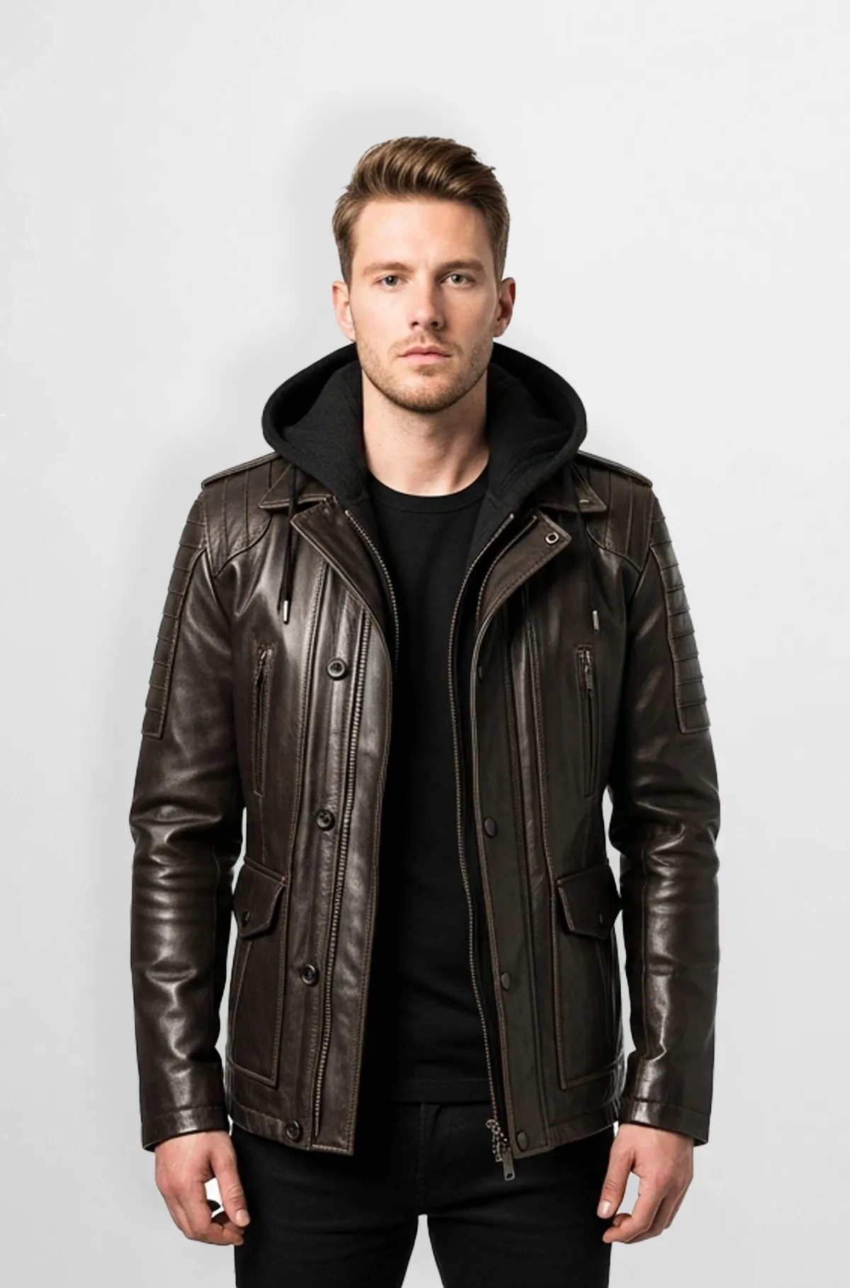 Mens Brown Hooded Leather Jacket