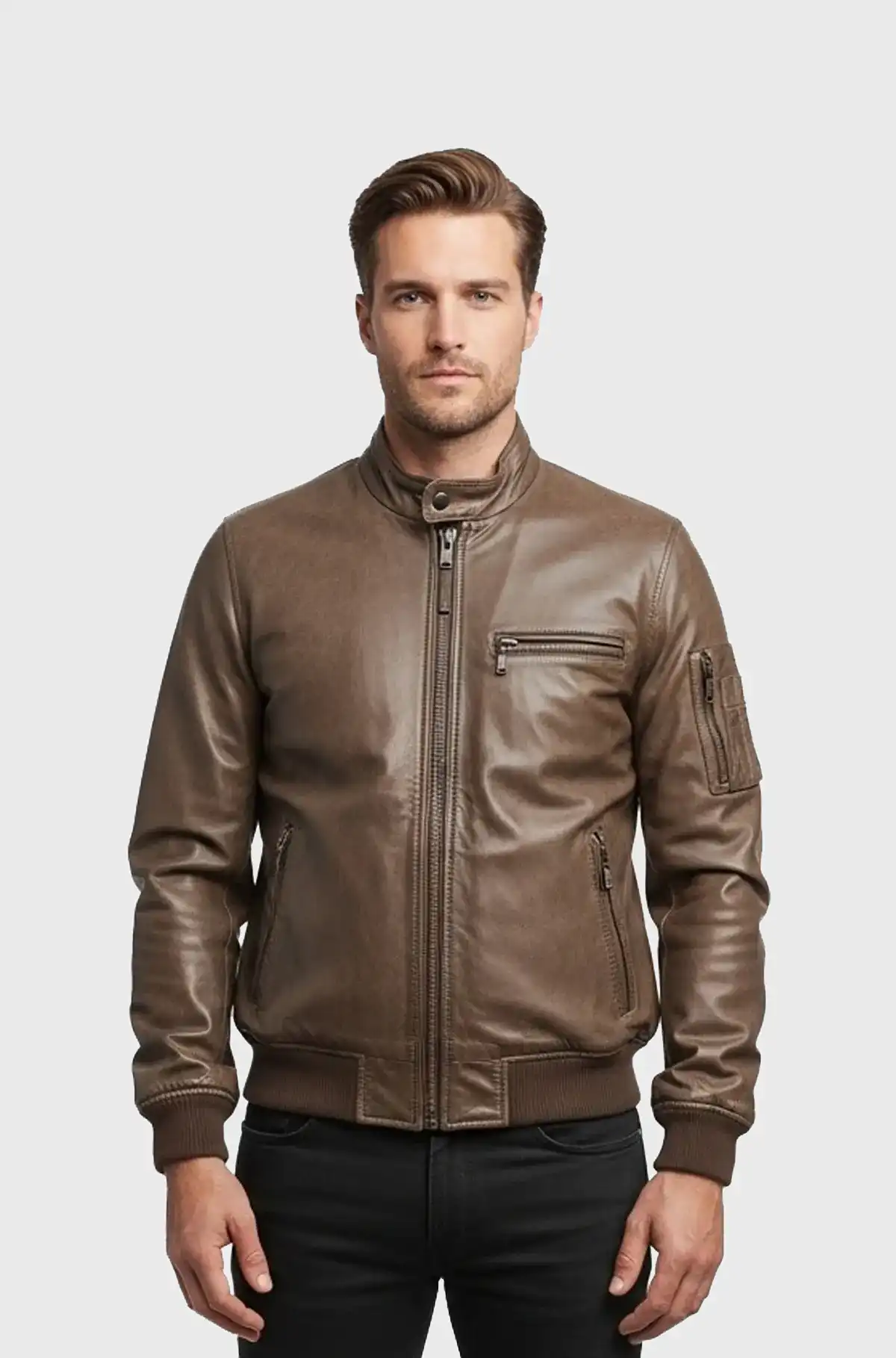 Mens Brown Leather Bomber Jacket Urban Style