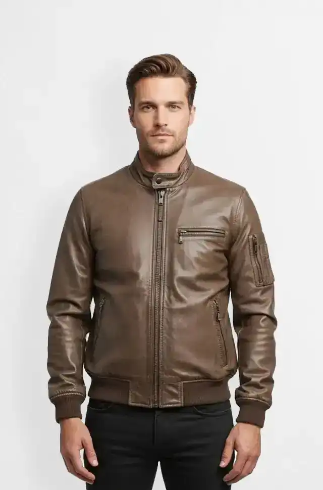 Mens Brown Leather Bomber Jacket Urban Style