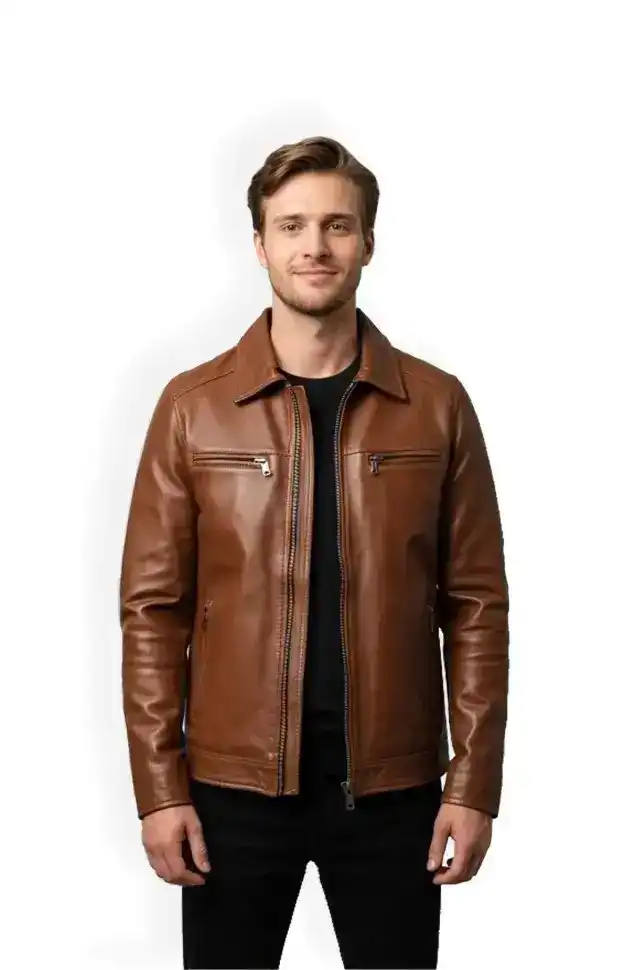 Mens Brown Leather Cafe Racer Jacket