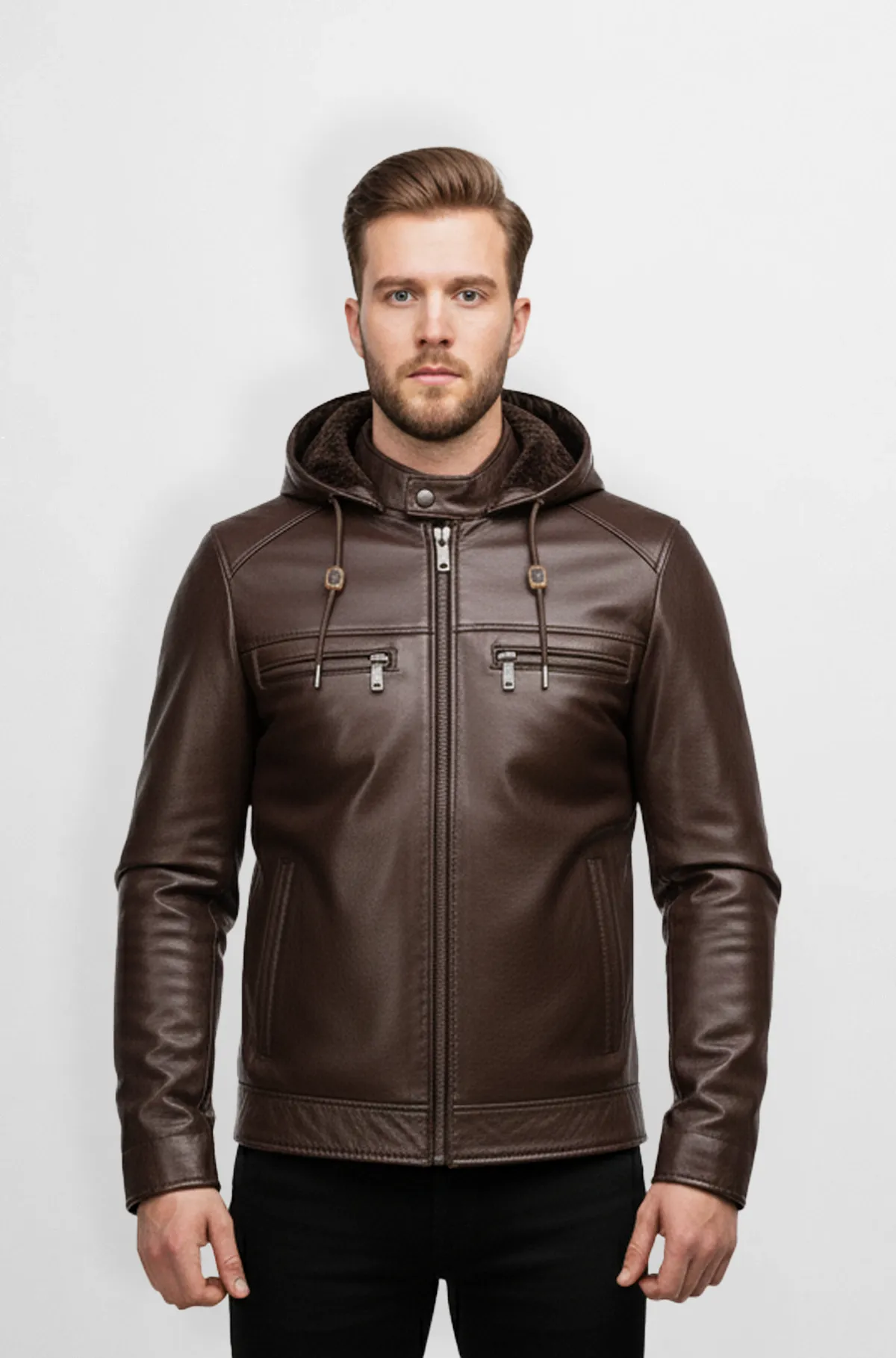 Mens Brown Leather Hoodie Jacket