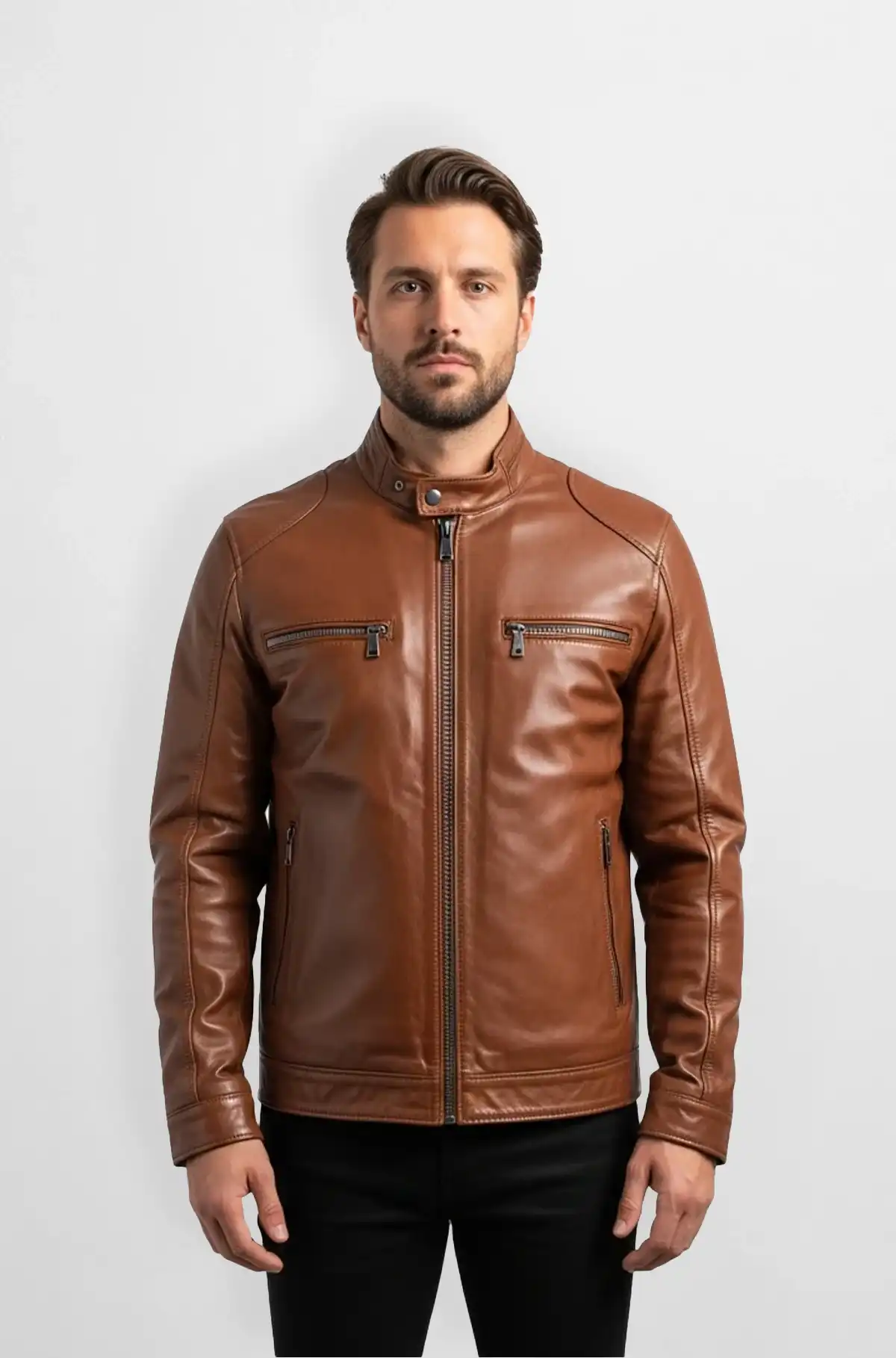 Mens Cognac Brown Cafe Racer Leather Jacket