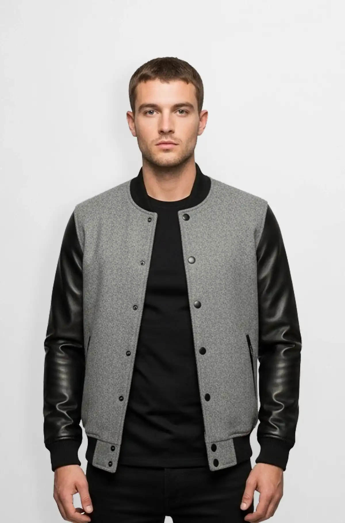 Mens Grey Varsity Leather Jacket