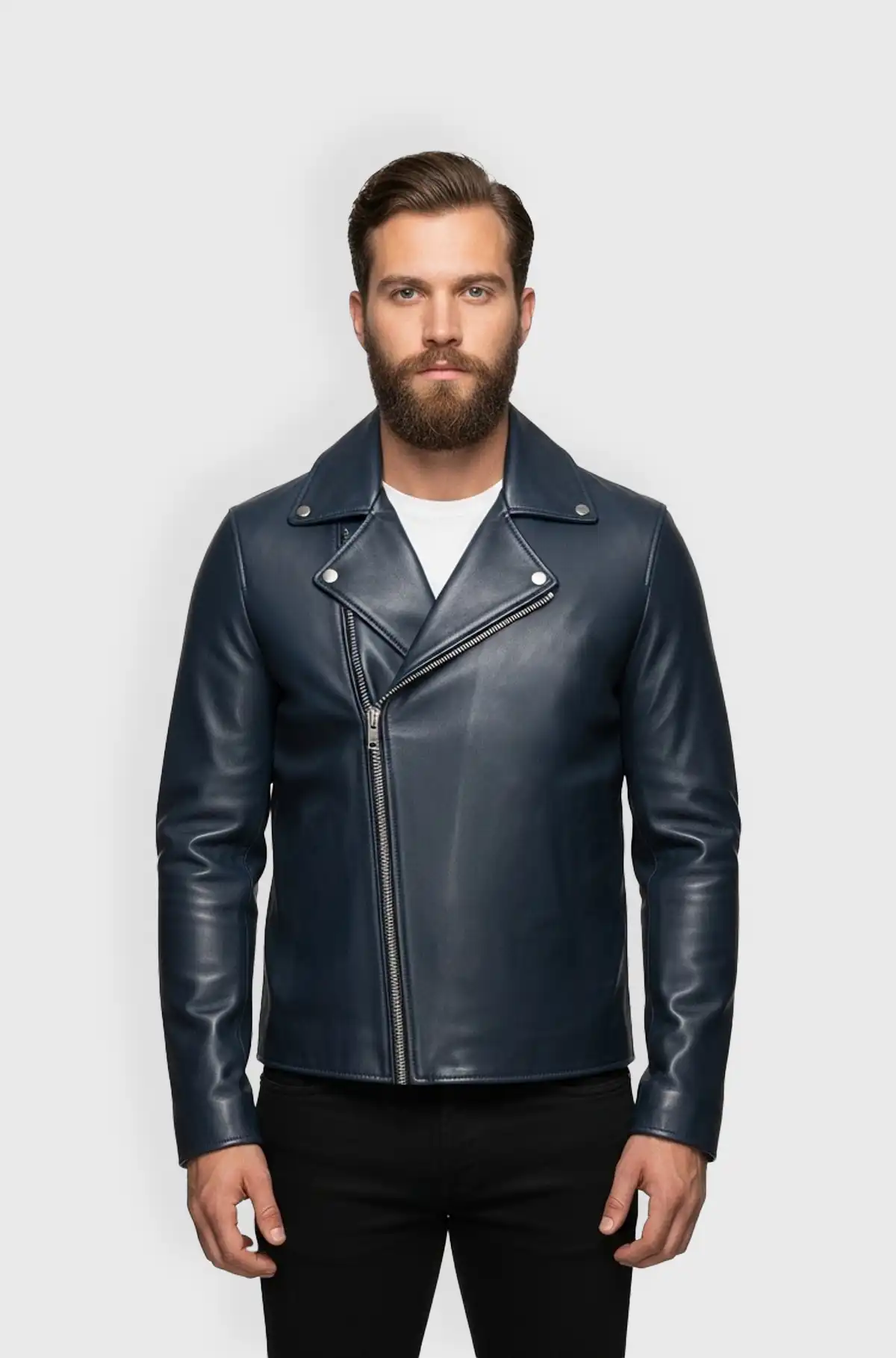 Mens Navy Blue Leather Biker Jacket