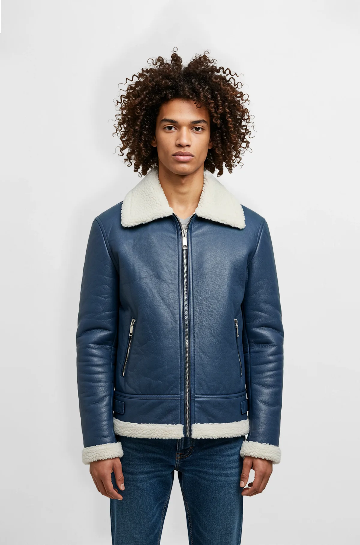Mens Navy Blue Shearling Leather Aviator Jacket