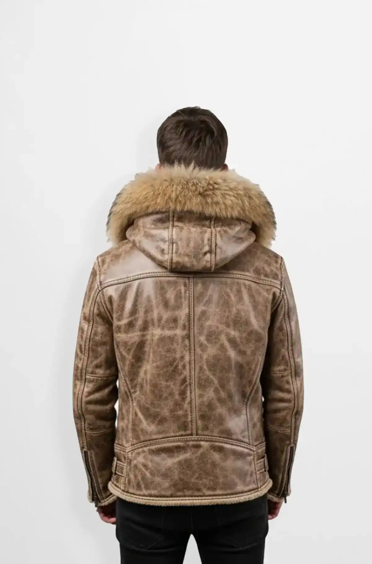 Mens Shearling Leather Aviator Jacket with Fur Hood