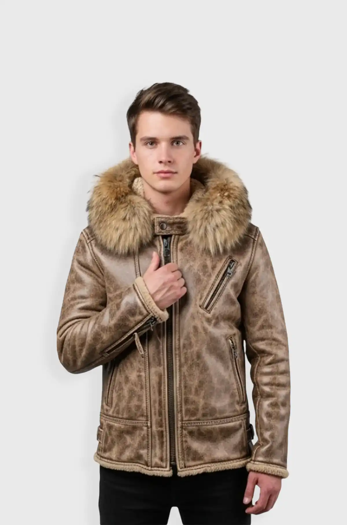 Mens Shearling Leather Aviator Jacket with Fur Hood