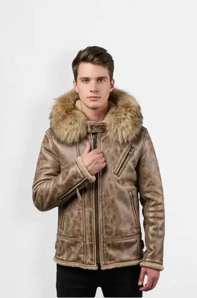 Mens Shearling Leather Aviator Jacket with Fur Hood