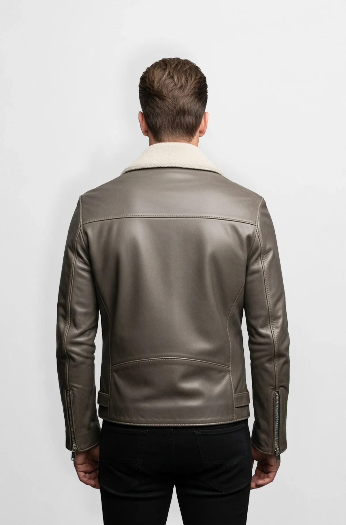 Mens Taupe Shearling Leather Biker Jacket