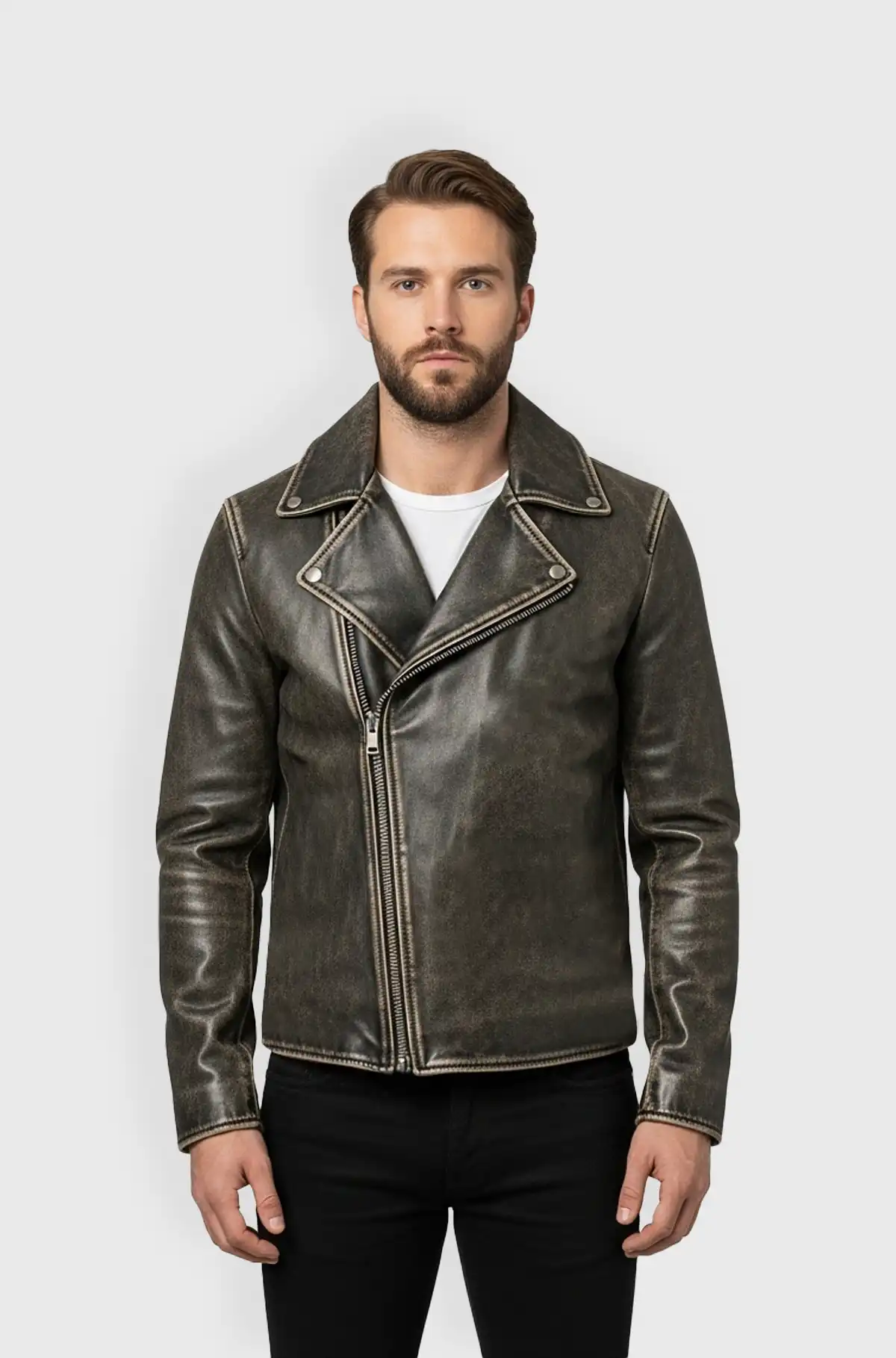 Mens Vintage Grey Leather Biker Jacket
