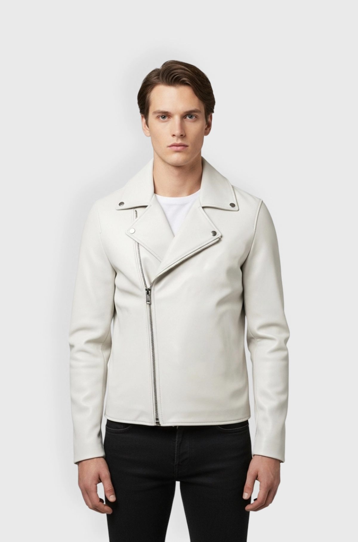 Mens White Leather Biker Jacket