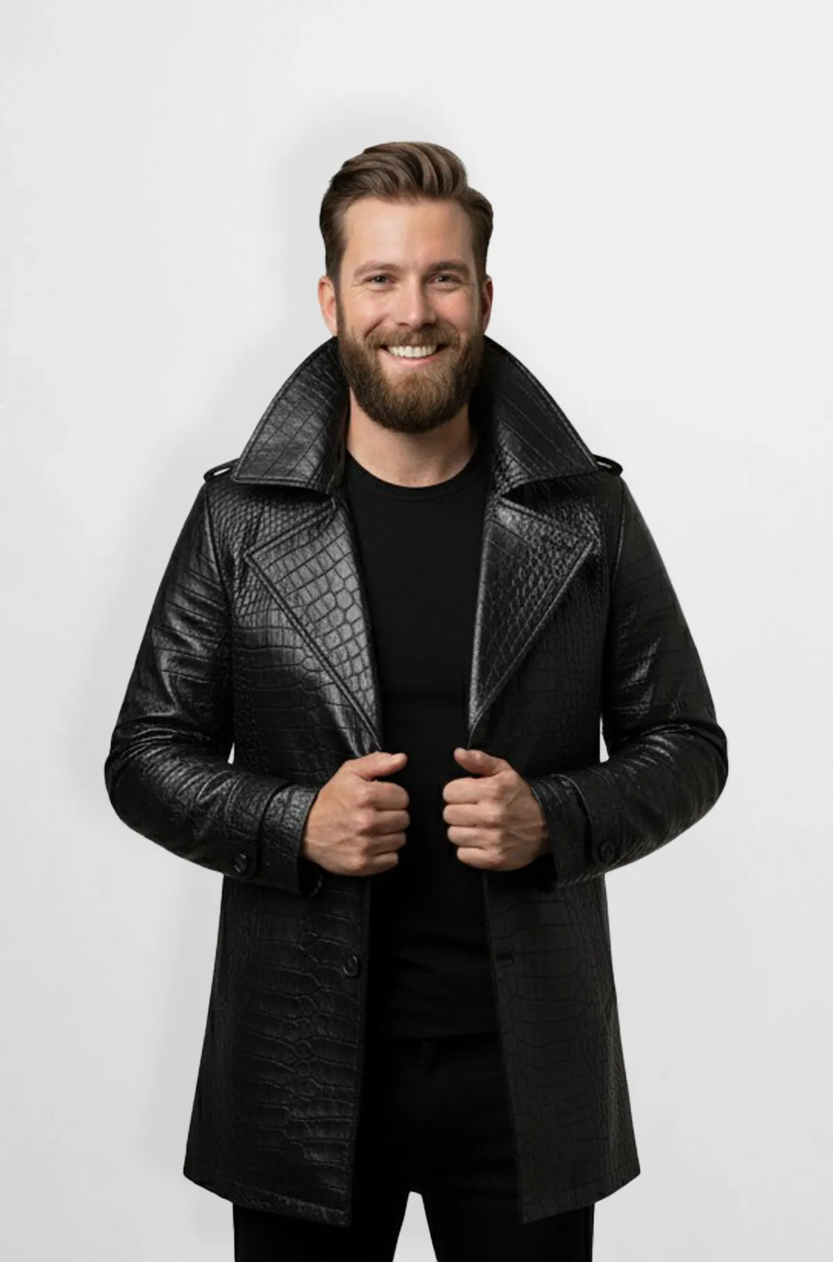 Midnight Black Leather Trench Coat