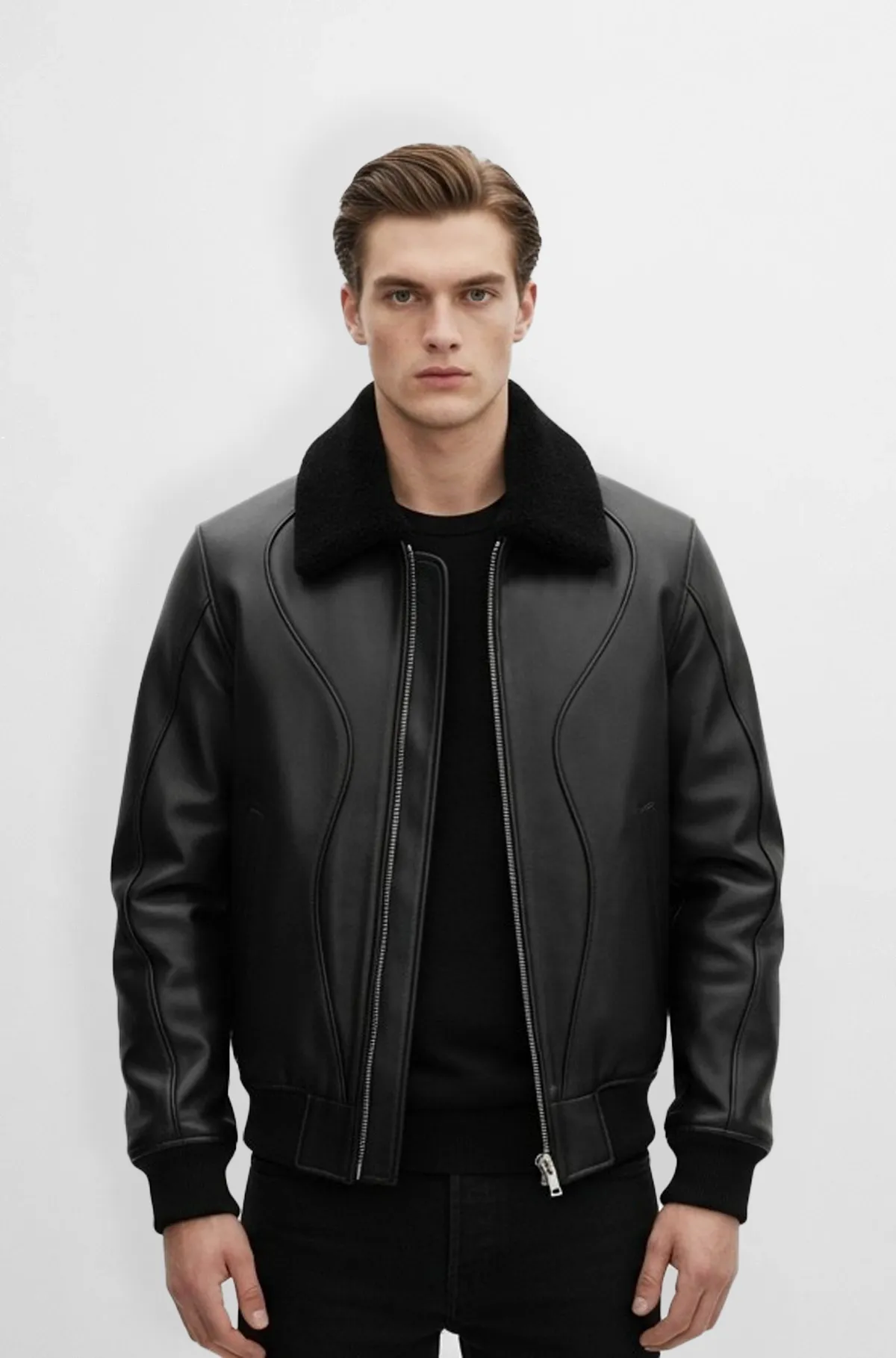 Midnight Black Shearling Commander Bomber Leather Jacket