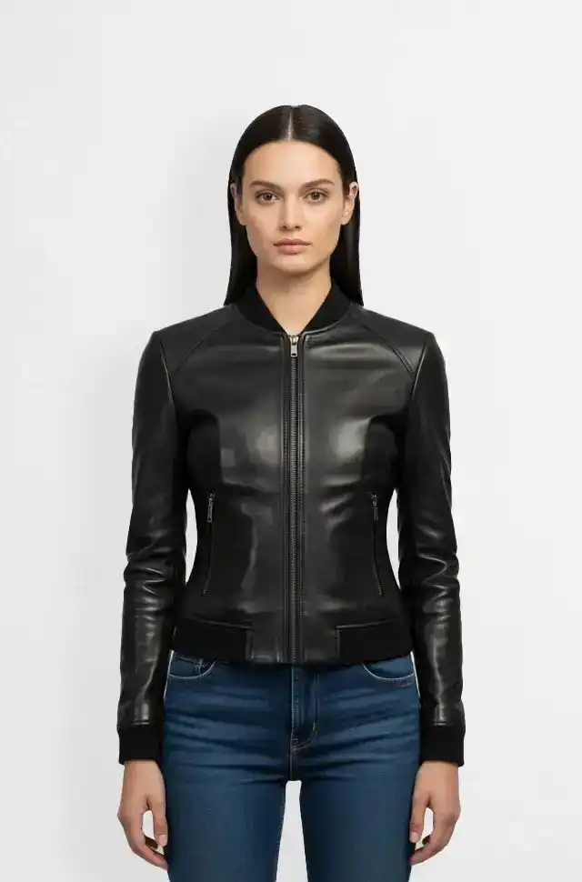 Midnight Black Womens Leather Bomber Jacket