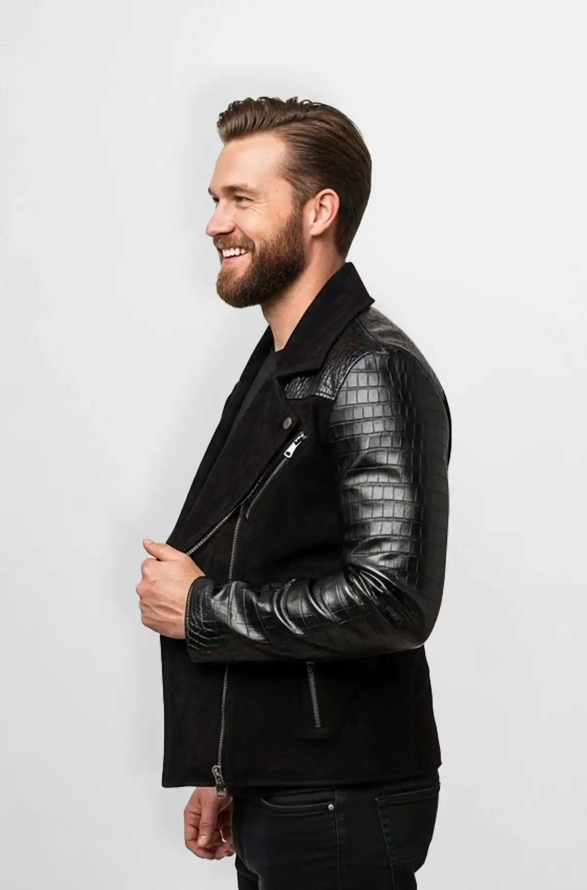 Midnight Jet Black Viper Crocodile Trim Biker Jacket