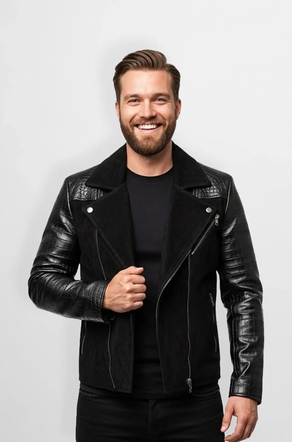 Midnight Jet Black Viper Crocodile Trim Biker Jacket