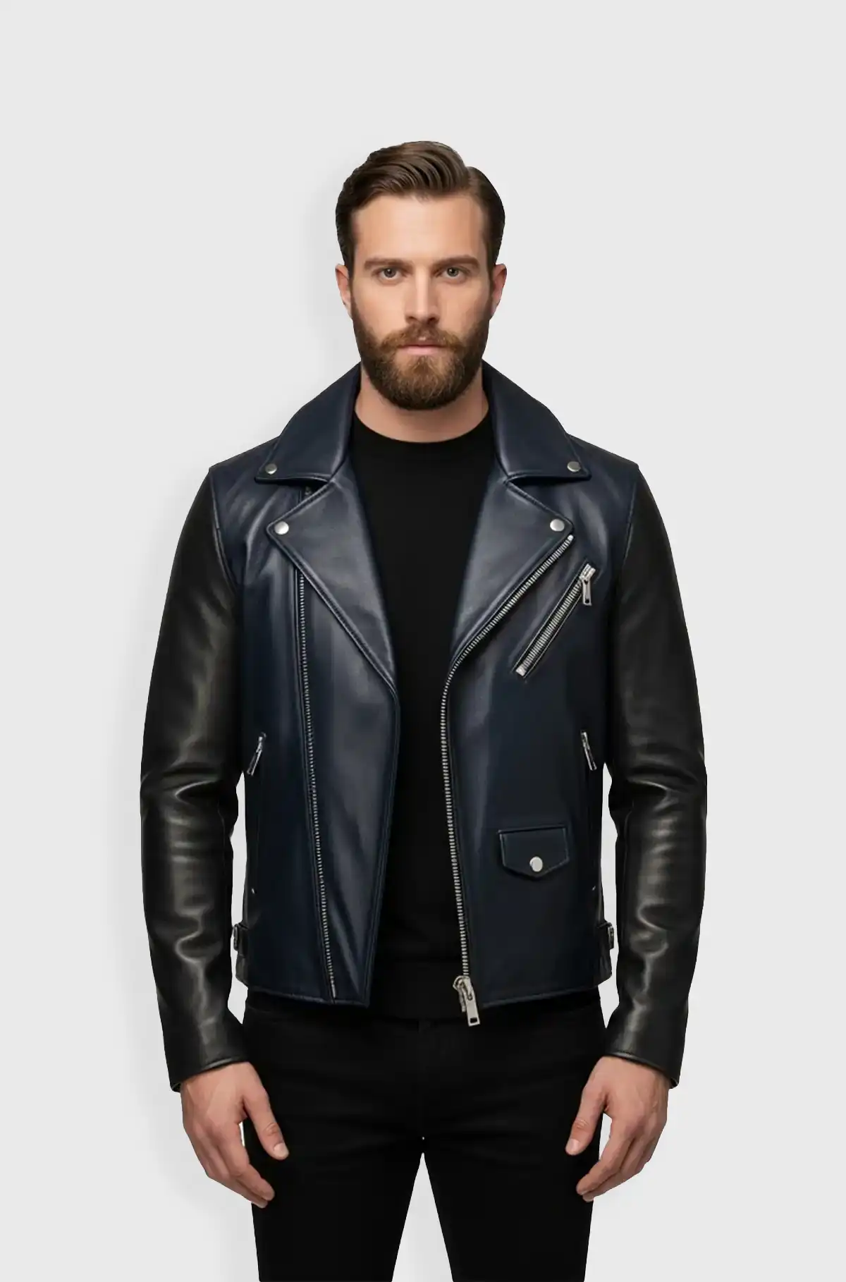 Midnight Navy Blue Racer Leather Jacket