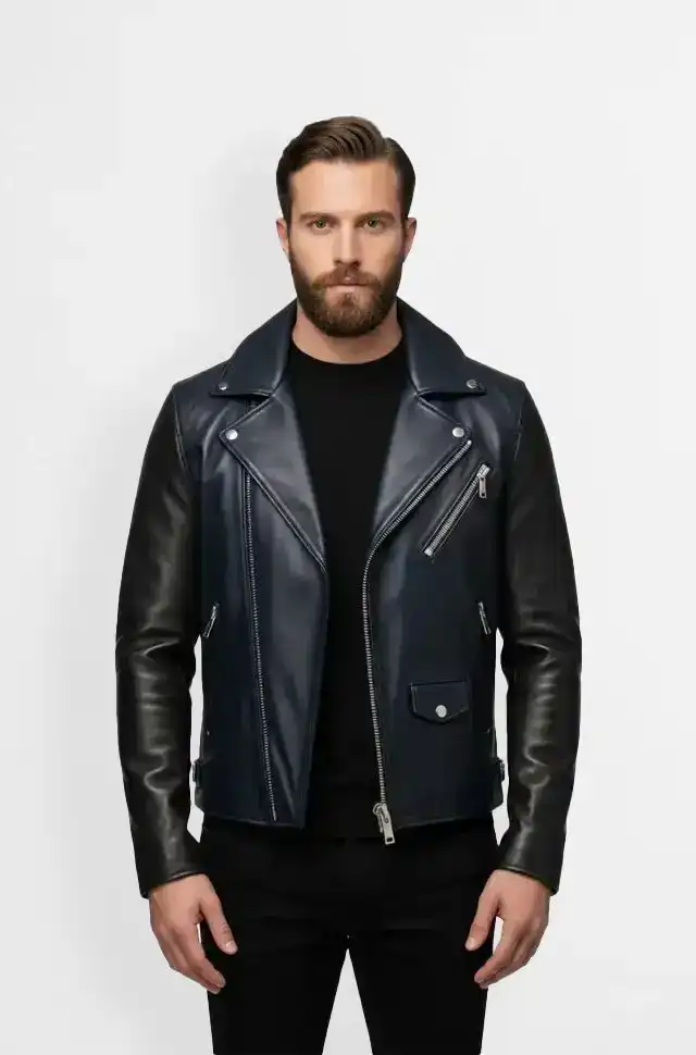 Midnight Navy Blue Racer Leather Jacket