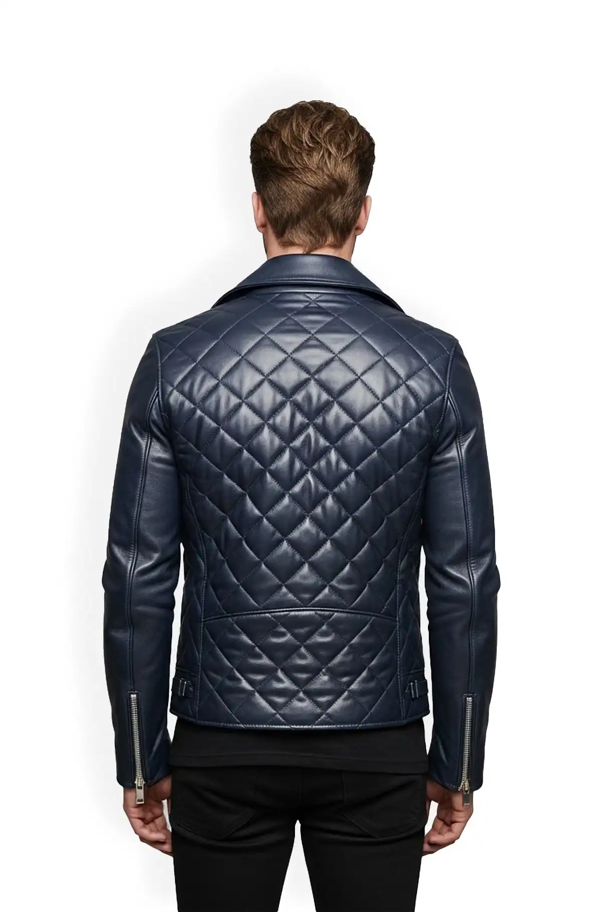 Midnight Navy Blue Racer Quilted Leather Jacket