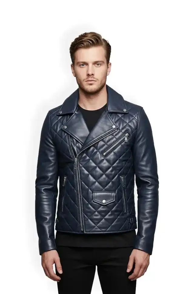 Midnight Navy Blue Racer Quilted Leather Jacket