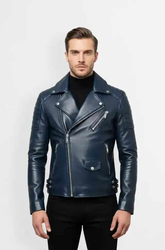 Midnight Rider Blue Biker Leather Jacket
