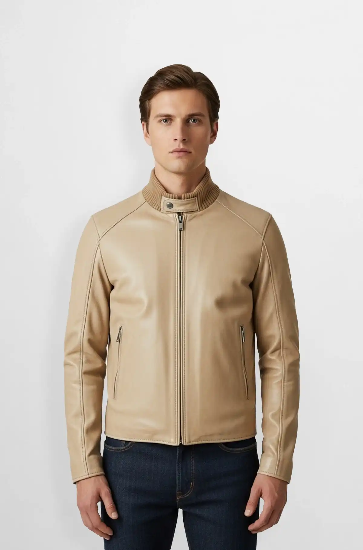 Milano Beige Ribbed Collar Leather Jacket