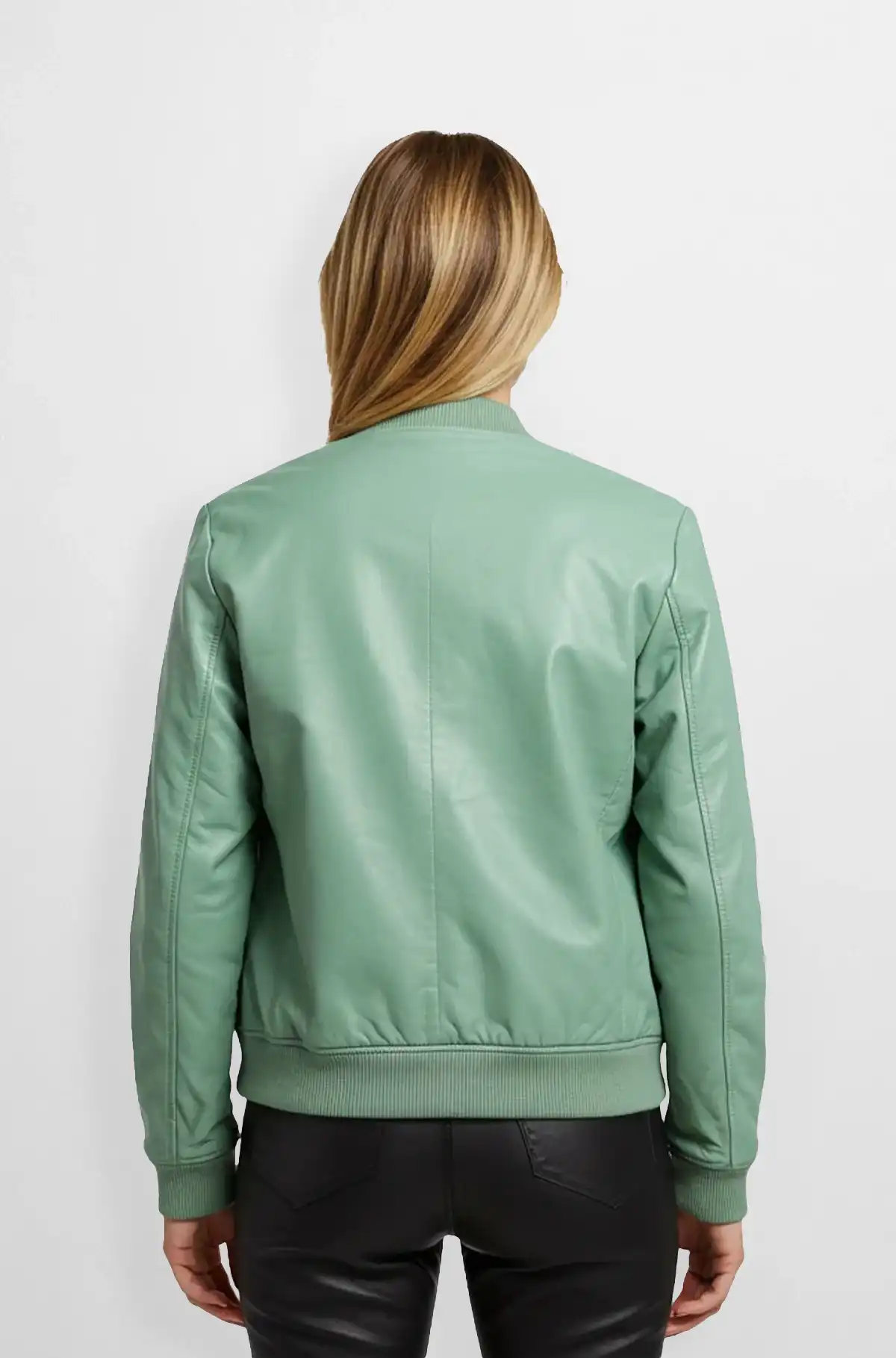 Mint Green Women Leather Bomber Jacket