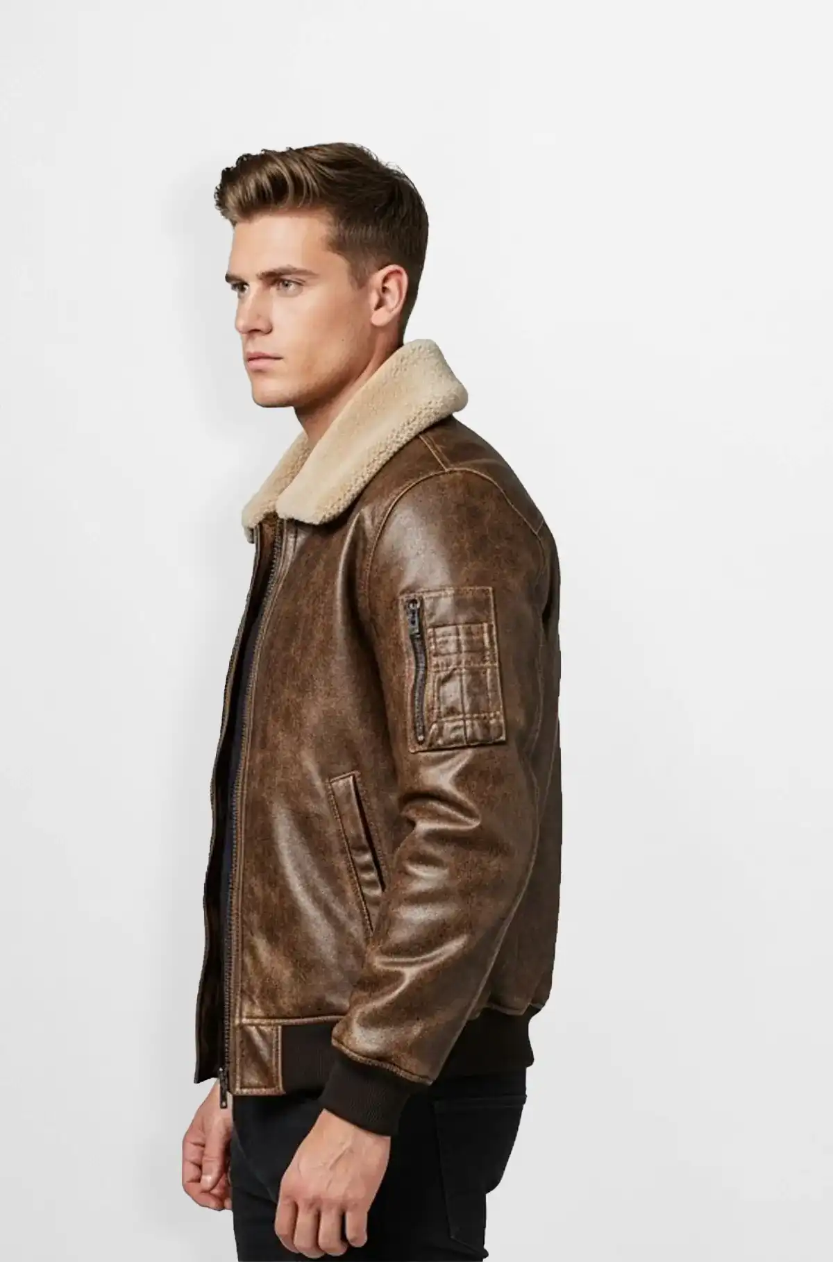Mocha Brown Shearling  Bomber Leather Jacket