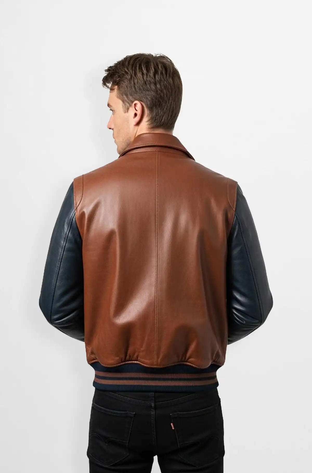 Mocha Brown and Matte Black Leather Bomber Jacket