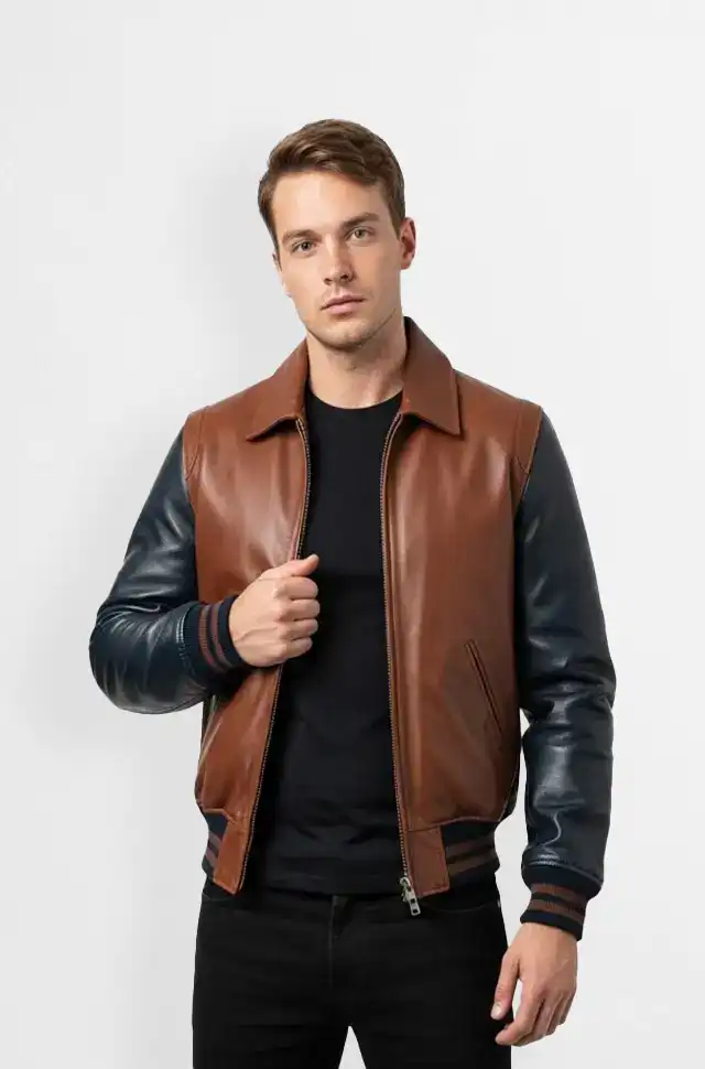 Mocha Brown and Matte Black Leather Bomber Jacket