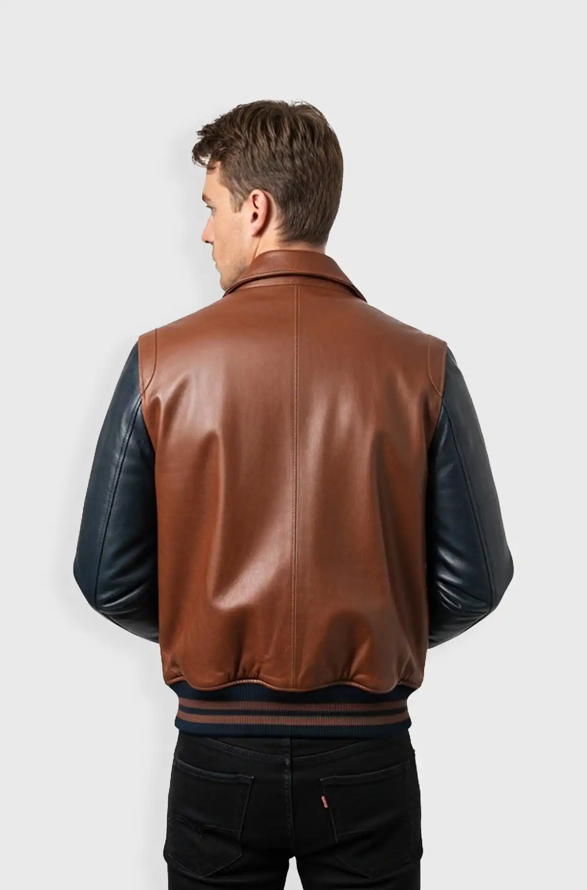 Mocha Brown and Matte Black Leather Bomber Jacket
