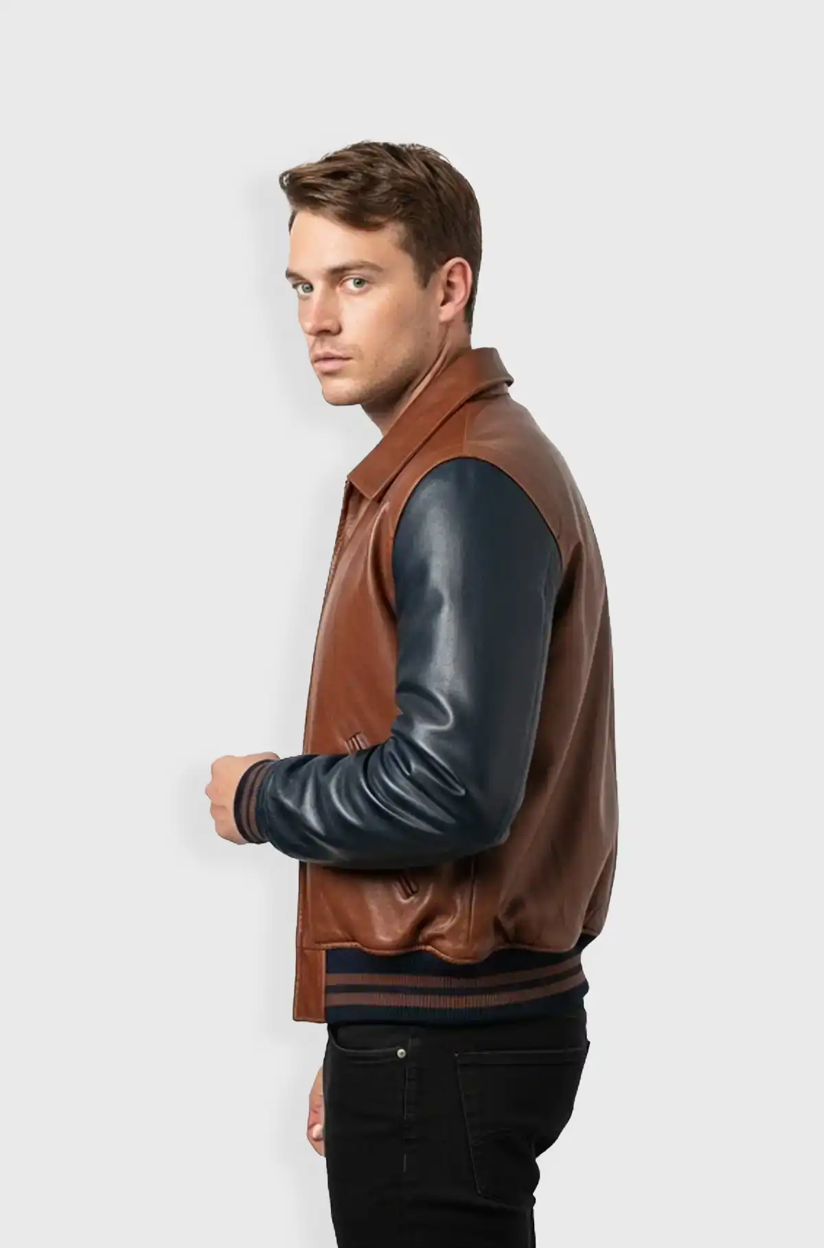 Mocha Brown and Matte Black Leather Bomber Jacket