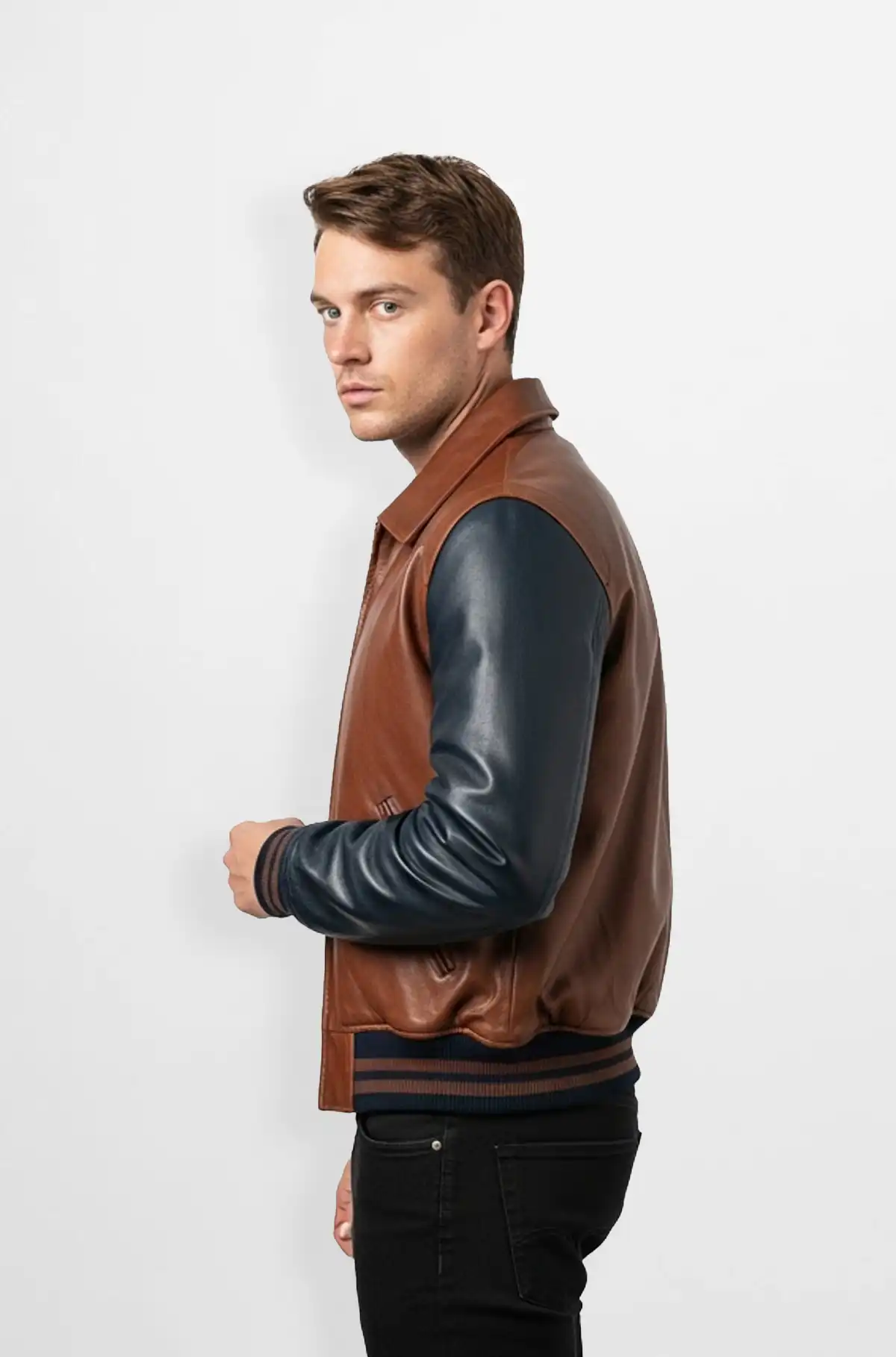 Mocha Brown and Matte Black Leather Bomber Jacket