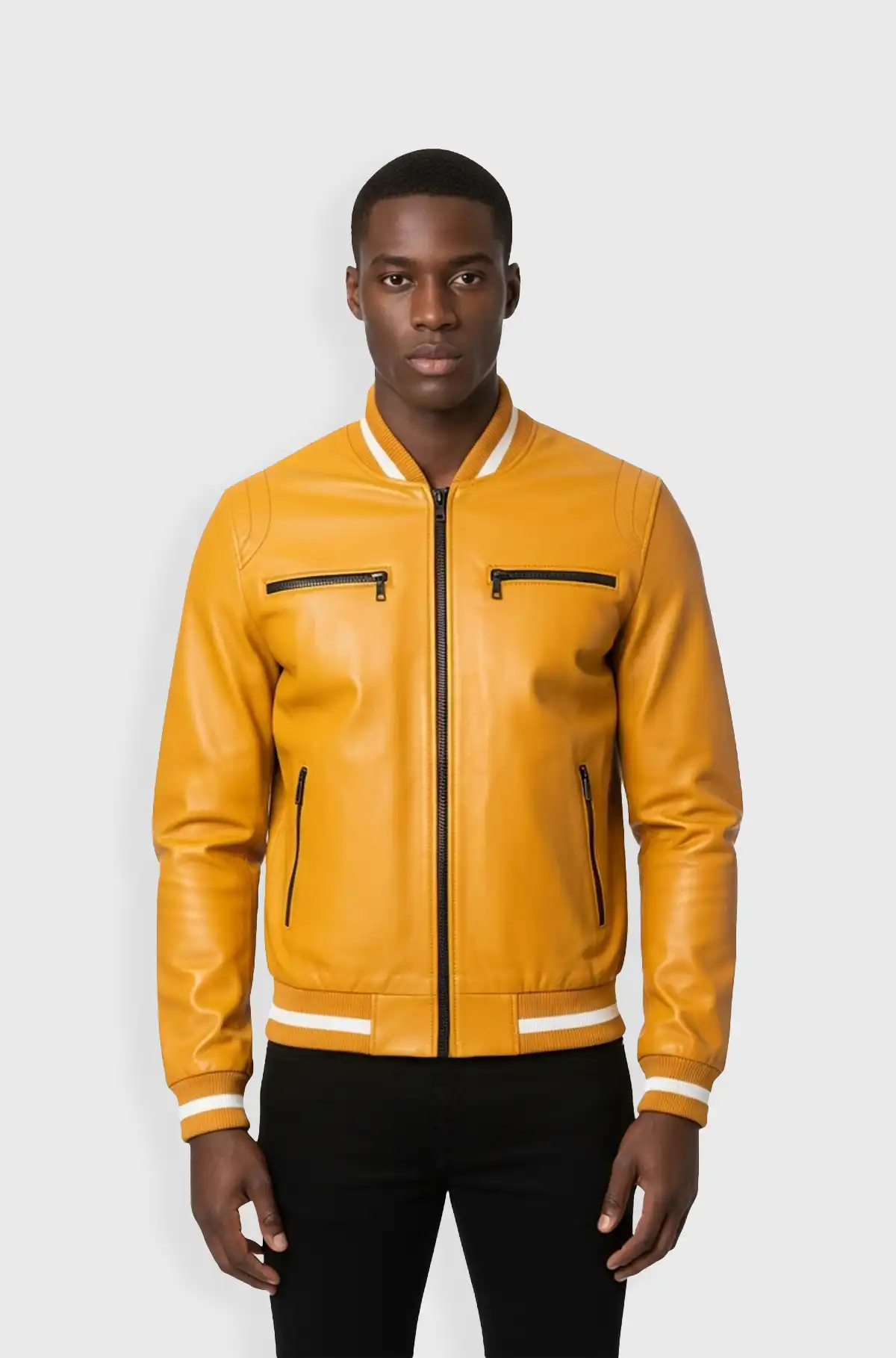 Mustard Yellow Leather Bomber Jacket