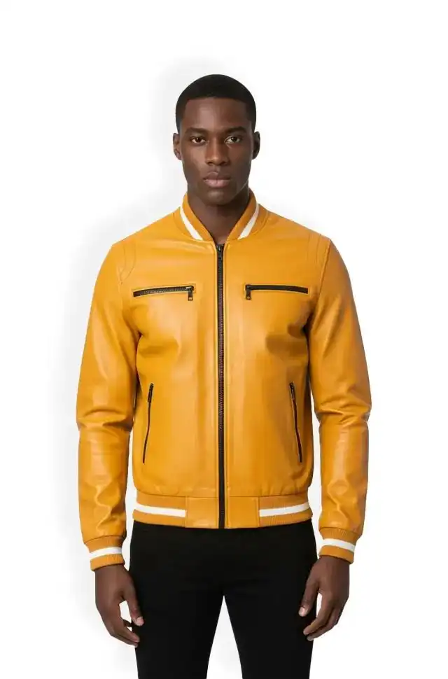 Mustard Yellow Leather Bomber Jacket