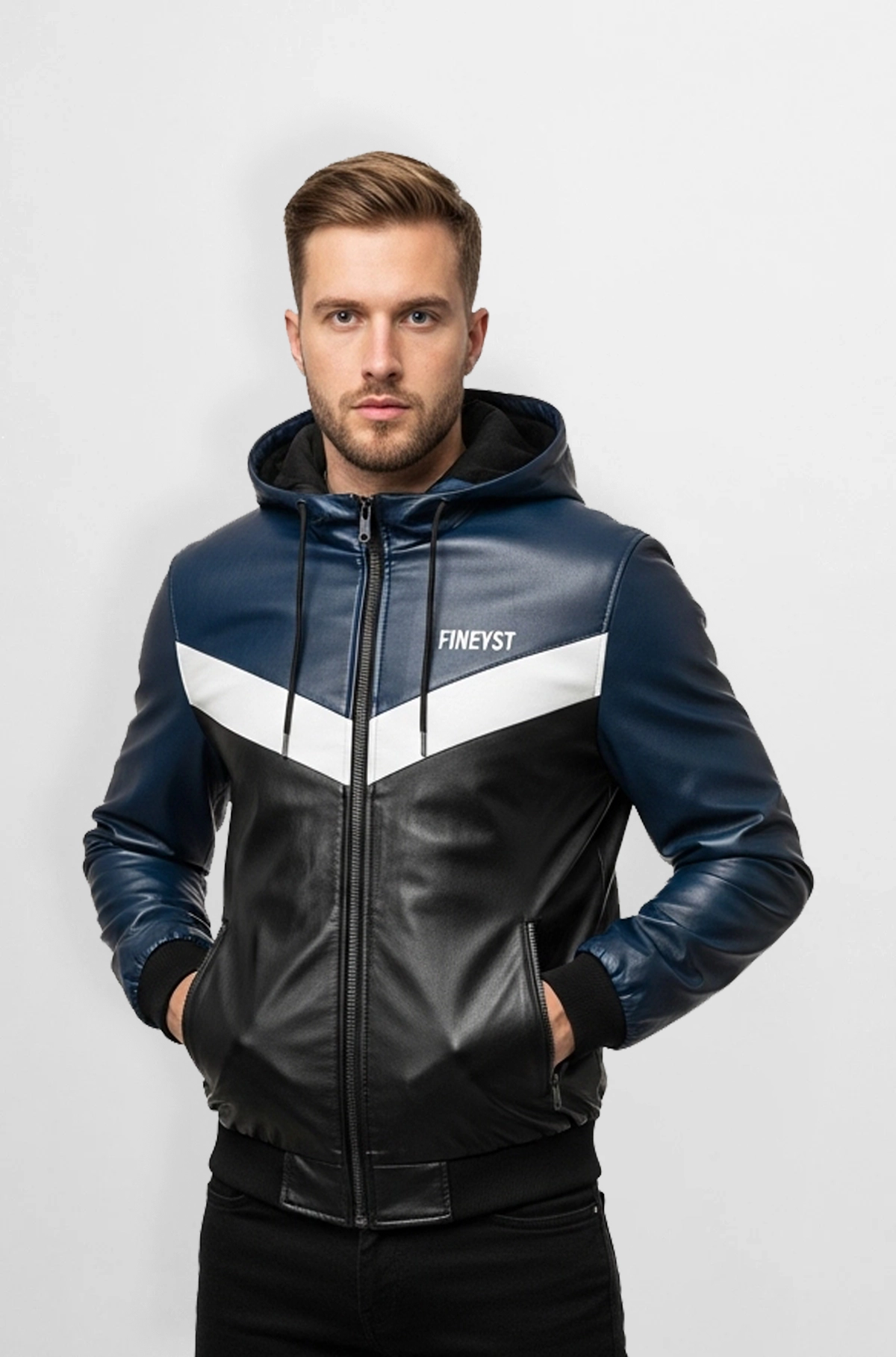 Navy Black Leather Hooded Bomber Jacket