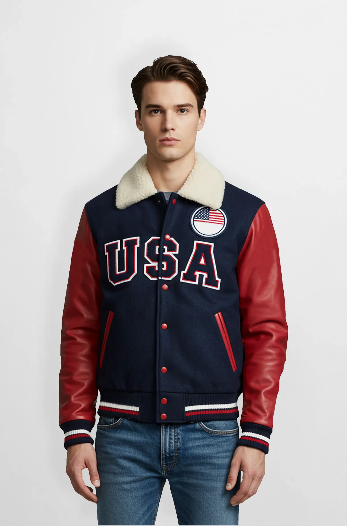 Navy Blue And Red Leather Sleeves Letterman Wool Jacket